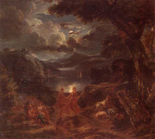unknow artist A pastoral scene with shepherds and nymphs dancing in the moonlight by the edge of a lake oil painting image